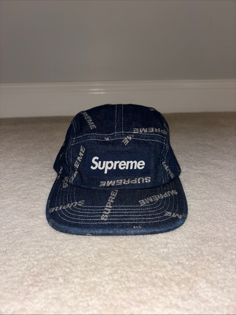 SS17 Supreme Denim Logo Camp Cap Blue Hat Box logo